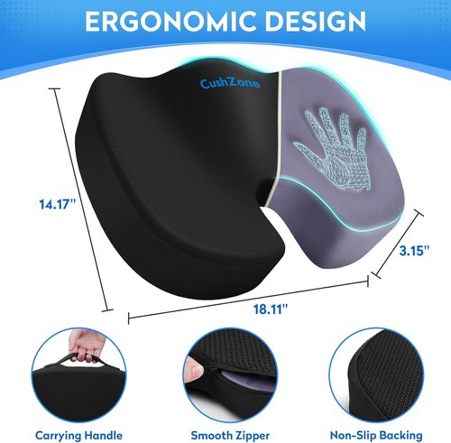 CushZone Seat Cushion - Memory Foam Relief for Sciatica, Tailbone & Back Pain - Black Orthopedic Coccyx Pillow