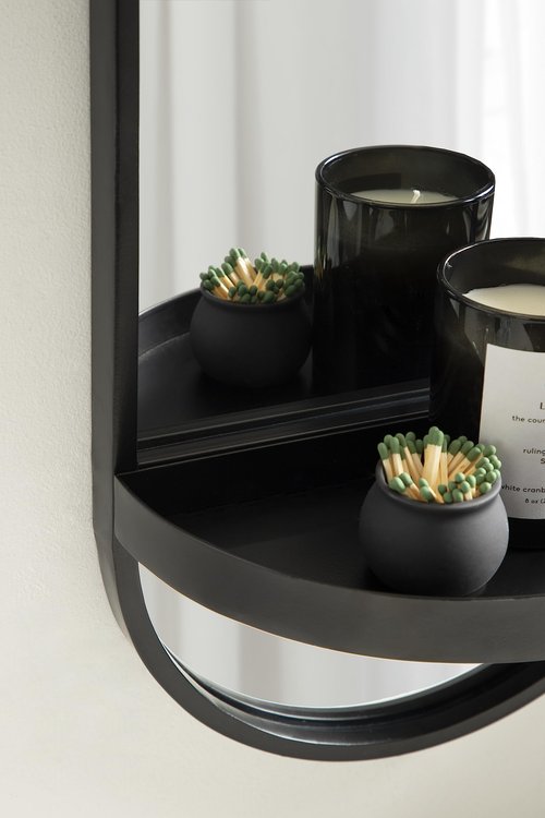 Kate and Laurel Estero Modern Metal Oval Mirror with Rounded Shelf; 11 x 25; Black; Decorative Contemporary Capsule Shelf Mirror for Storage and Display