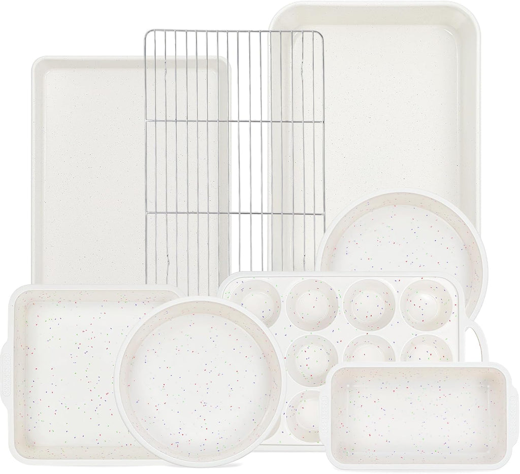 Skiennix 8-Piece Silicone Baking Pans Set - Nonstick Stackable Carbon Steel with Metal Reinforced Frame (Cream)