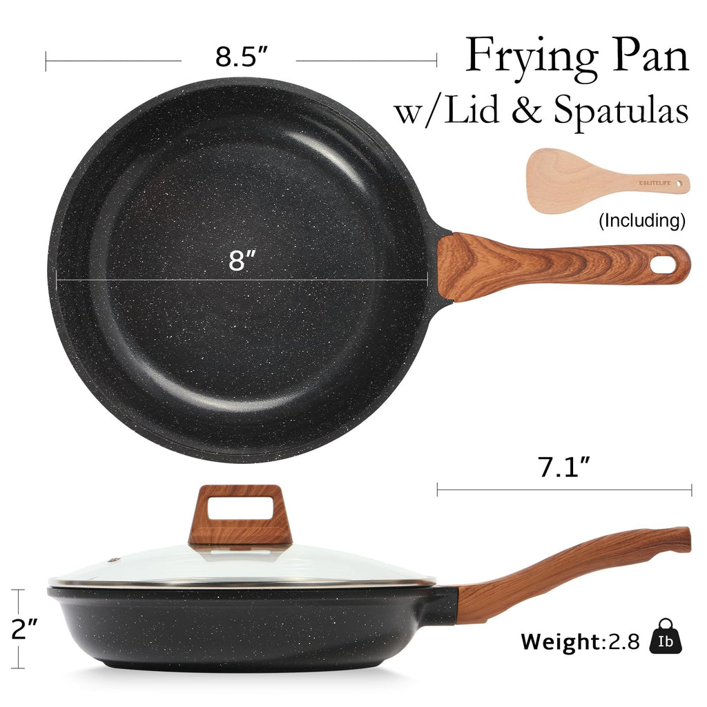 ESLITE LIFE Nonstick Ceramic Frying Pan Skillet with Lid, Non-Toxic Egg Omelette Kitchen Cooking Pans Compatible with All Stovetops (Gas, Electric & Induction), PTFE & PFOA Free (Black, 8" w/Lid)