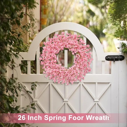 26 Inch Spring Wreaths for Front Door Large Valentines Spring Door Wreath Easter Wild Floral Summer Wreaths Outside All Season for Farmhouse Porch Wall Wedding Living Room Home Decor(Pink)
