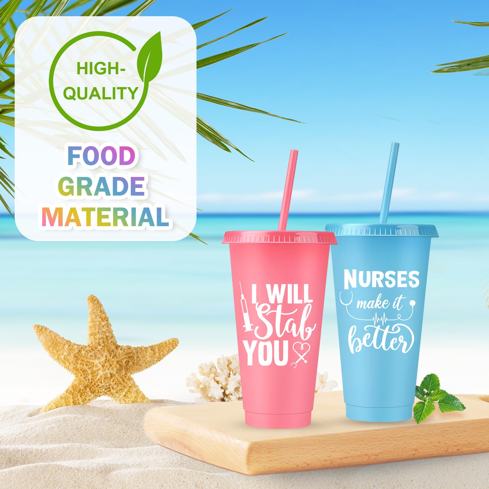 Bokon 50 Pcs Nurse Appreciation Tumbler with Straw and Lid, Bulk Nurse Week Gifts, 24 oz Reusable Plastic Cup, Multicolor Iced Water Bottle, for Appreciation & Graduation(Warm Style)