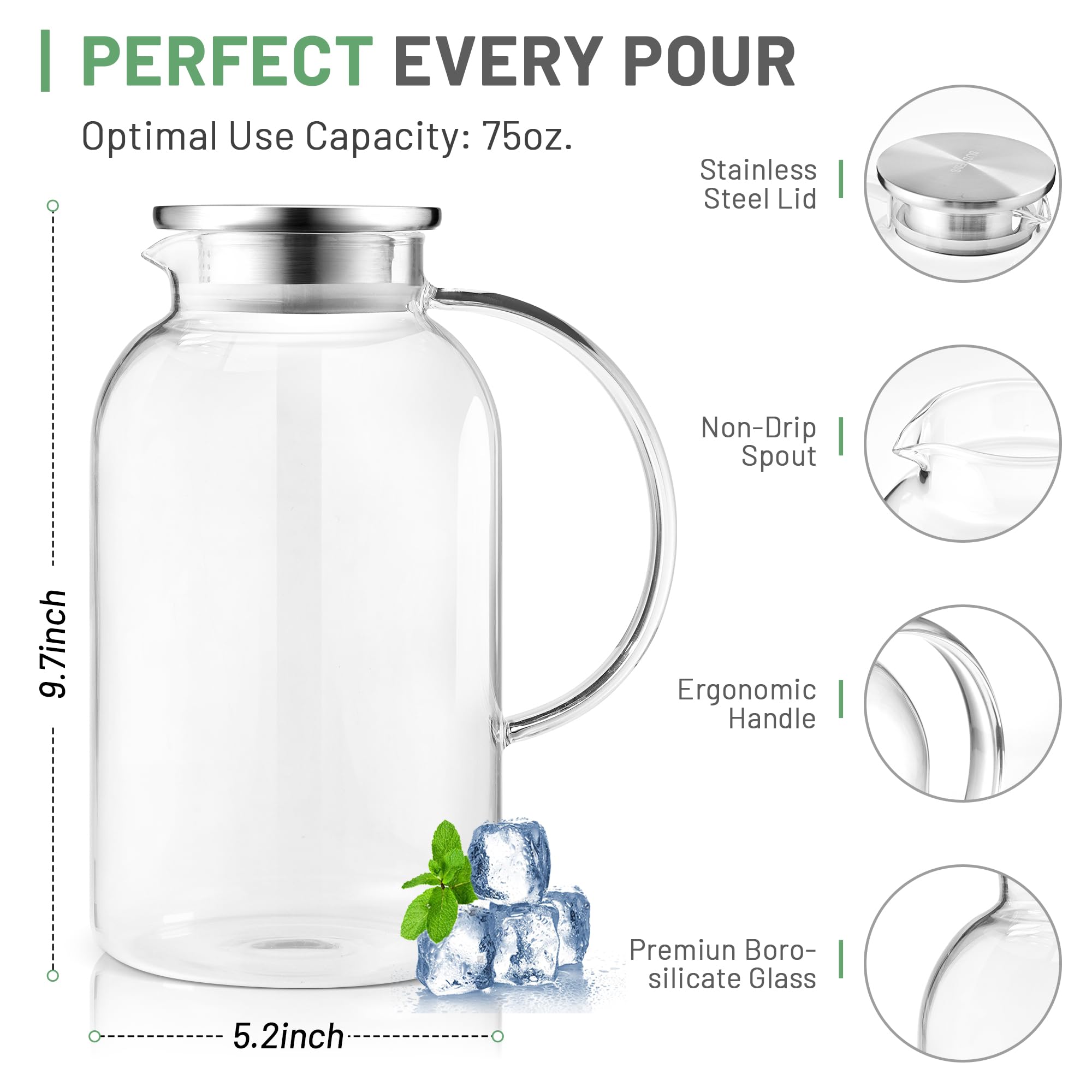 SUSTEAS 2.2 Liter 75oz Glass Pitcher with Lid, Easy Clean Heat Resistant Glass Water Carafe with Handle for Hot/Cold Beverages - Water, Cold Brew, Iced Tea & Juice, 1 Long-Handled Brush Included