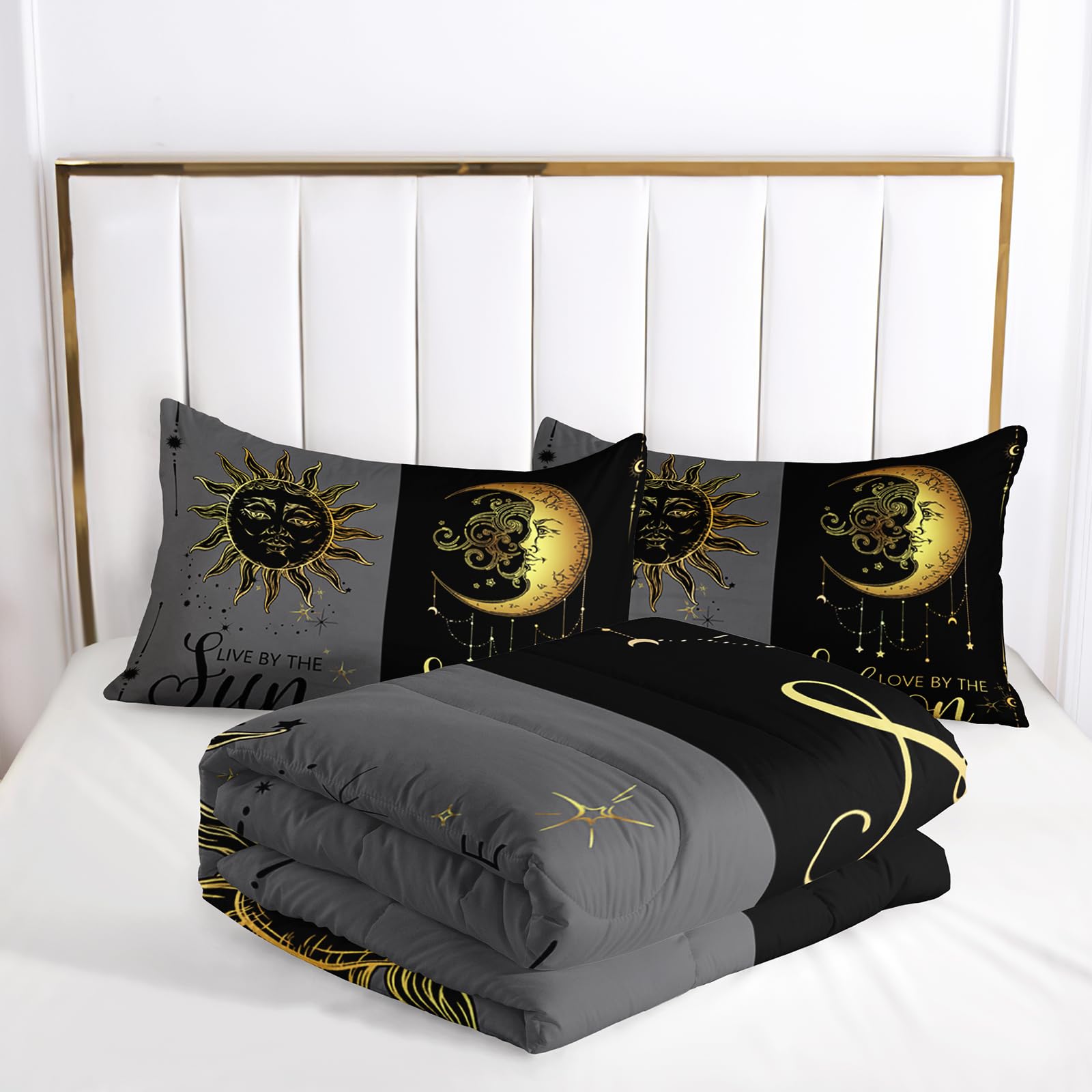 Ntlfup Moon and Sun Bedding Set Queen Size， Boho Style 3pcs Bedding Set, Grey and Black Comforter Home Decoration