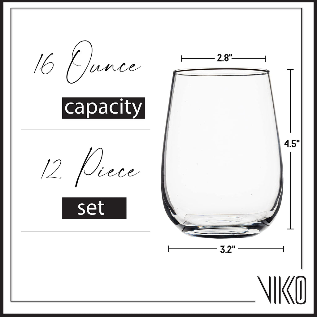 Vikko Stemless Wine Glasses, 16 Ounce, Set of 12, Modern, Durable, Dishwasher Safe