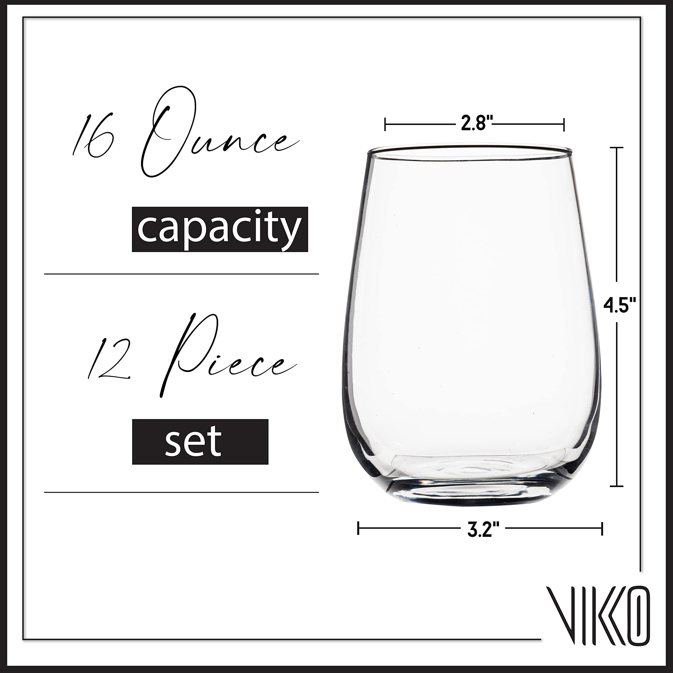 Vikko Stemless Wine Glasses, 16 Ounce, Set of 12, Modern, Durable, Dishwasher Safe