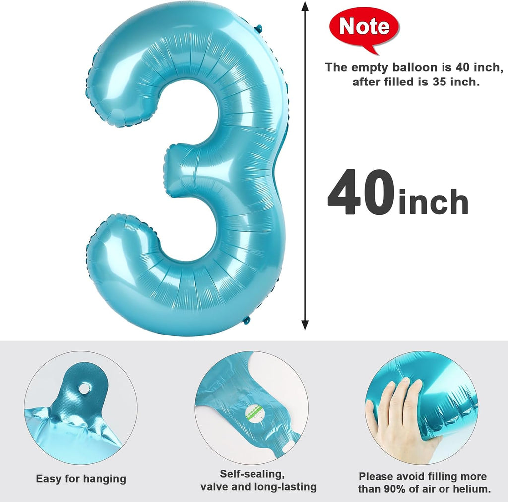 Numbers Balloon - 40 Inch Large Pastel Blue Balloon for 3rd Birthday Decor | Perfect for Parties