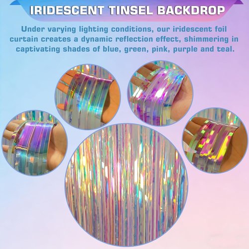 Melsan Iridescent Party Decorations - Holographic Tinsel Foil Fringe Curtain | 2 Packs, 3.2 x 6.56 ft for Mermaid Birthday Parties