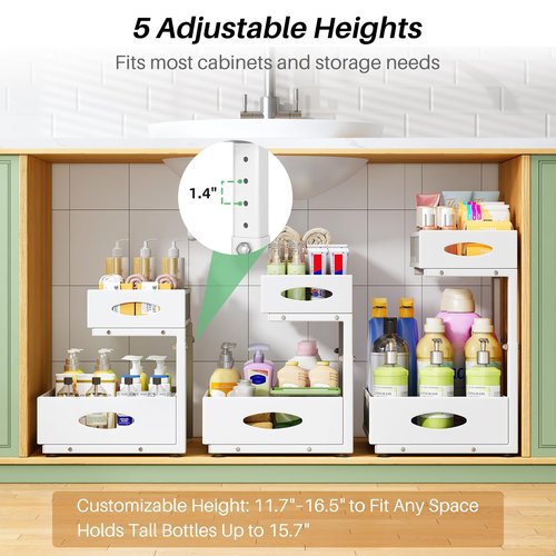 Under Sink Organizer, 2-Pack Pull Out Cabinet Organizer 2 Tier Metal Slide Out Storage Shelf Rack, L-Shaped Adjustable Height,Mesh Sliding Drawer for Kitchen, Bathroom, Laundry, Pantry, White, XL
