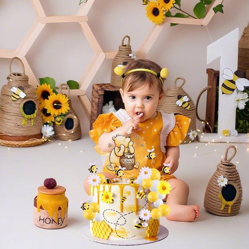 MEMOVAN Winnie Bear Cake Topper Winnie Baby Shower Cake Decorations Pooh Bear Toppers Yellow White Balls Cupcake Picks with Classic Pooh Bees Daisys Flowers for Oh Baby Bee Theme Shower Birthday Party