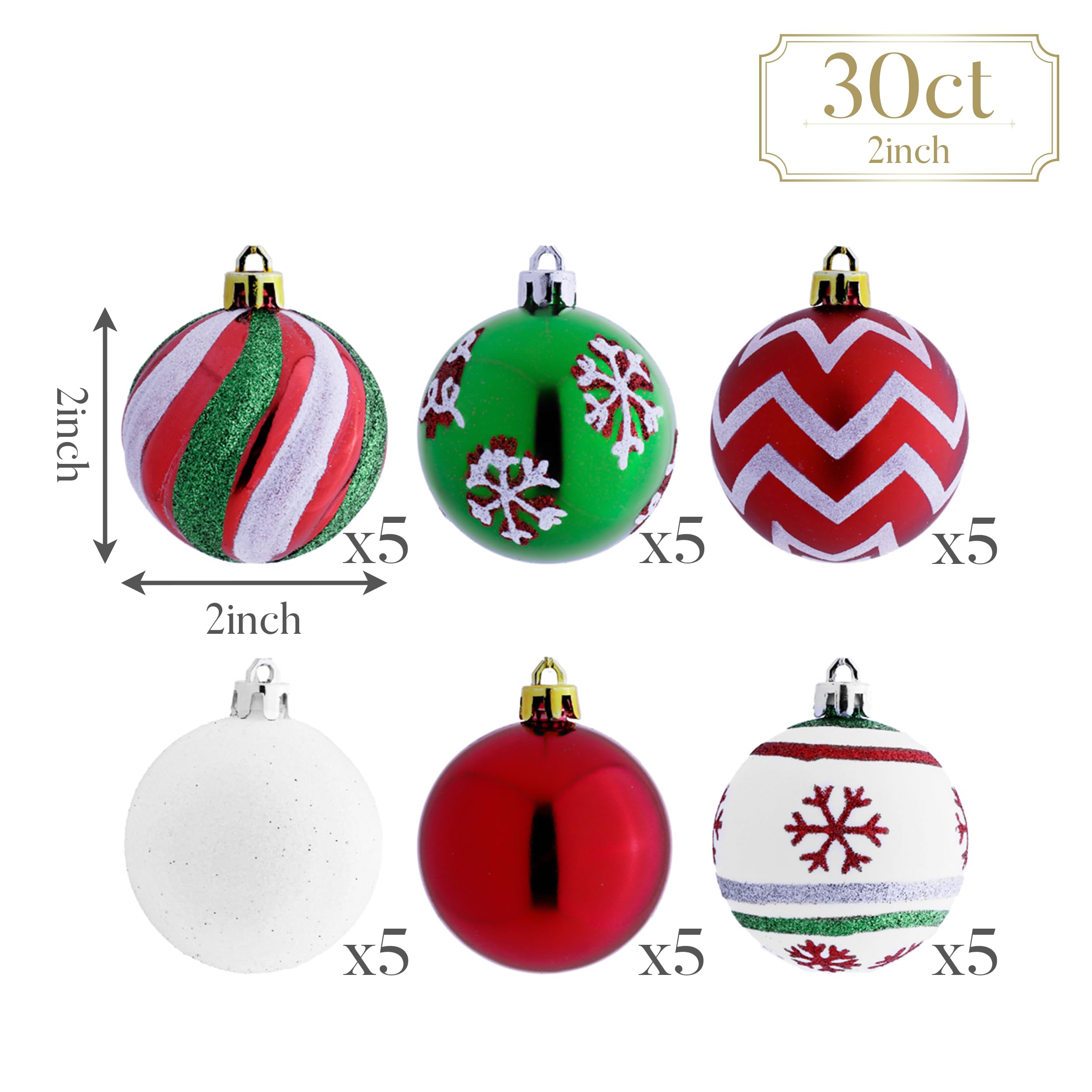 Valery Madelyn Christmas Ornaments Tree Decorations, 30ct Red Green White Shatterproof Christmas Ball Ornaments Set, 2 Inch Decorative Hanging Ornament Bulk for Xmas Holiday Party Decor