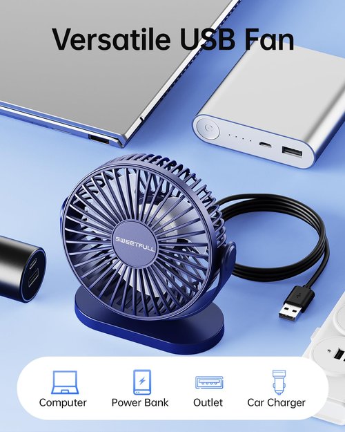 SWEETFULL USB Desk Fan Small Quiet - 3 Speeds Mini Personal Portable Fan 360° Rotation Adjustable, 5.5 Inch Office Table Cooling Gadgets on Desktop (Blue)