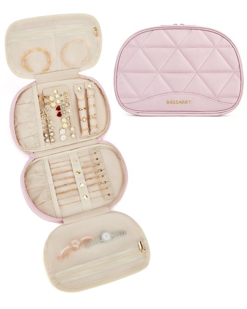 BAGSMART Travel Jewelry Case Jewelry Organizer Storage Roll Rings Necklaces Earrings Bracelets Brooches Watch Large Portable Light Pink