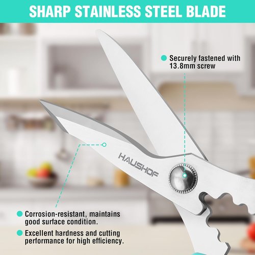 HAUSHOF Kitchen Scissors - Heavy Duty Stainless Steel Shears with Soft Grip | 8.25" U-Groove Design for Meat & Vegetables