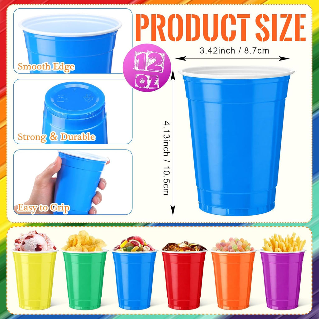 Qinyoung 100 Pcs Rainbow Plastic Cups - 12 oz Disposable Drinking Cups for Parties & Celebrations