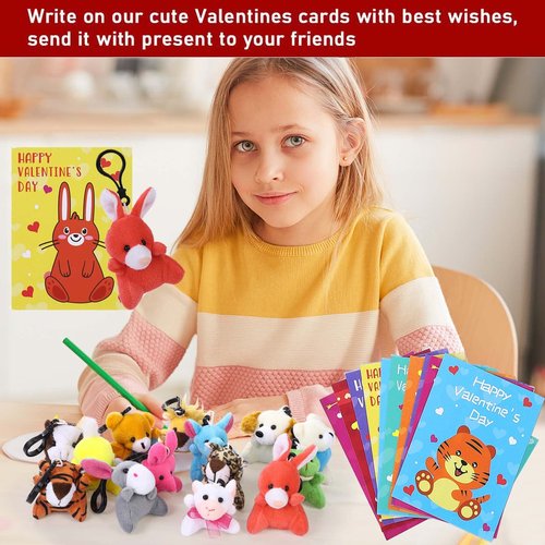 28 Pack Valentines Day Gift Cards for Kids with Mini Animal Plush Toys Keychains,Stuffed Animal for Students Classroom Exchange,Valentines Party Favor Supplies,Game Prizes,Gift for Toddlers Girls Boys