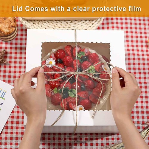 Cupplation Cake Boxes with Window and Cake Boards, 8 x 8 x 8 Inches, 3 Pack, Disposable Bakery Containers for Wedding, Birthday, Party (8 inch)