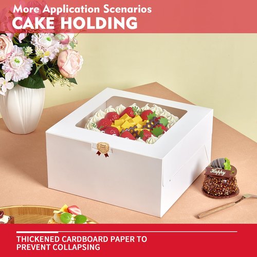 Vorfre 3 Pack Cake Boxes, 10x10x5 Inches Cake Boxes with Boards, White Square Bakery Boxes with Window, Disposable Cake Containers with Lids for Pastry Pie Cookies Chocolates Wedding Birthday Party