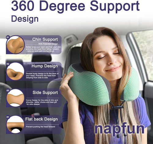 Napfun Neck Pillow - Memory Foam Travel Pillow with Sleep Mask, Earplugs & Pouch | Turquoise Striped Kit
