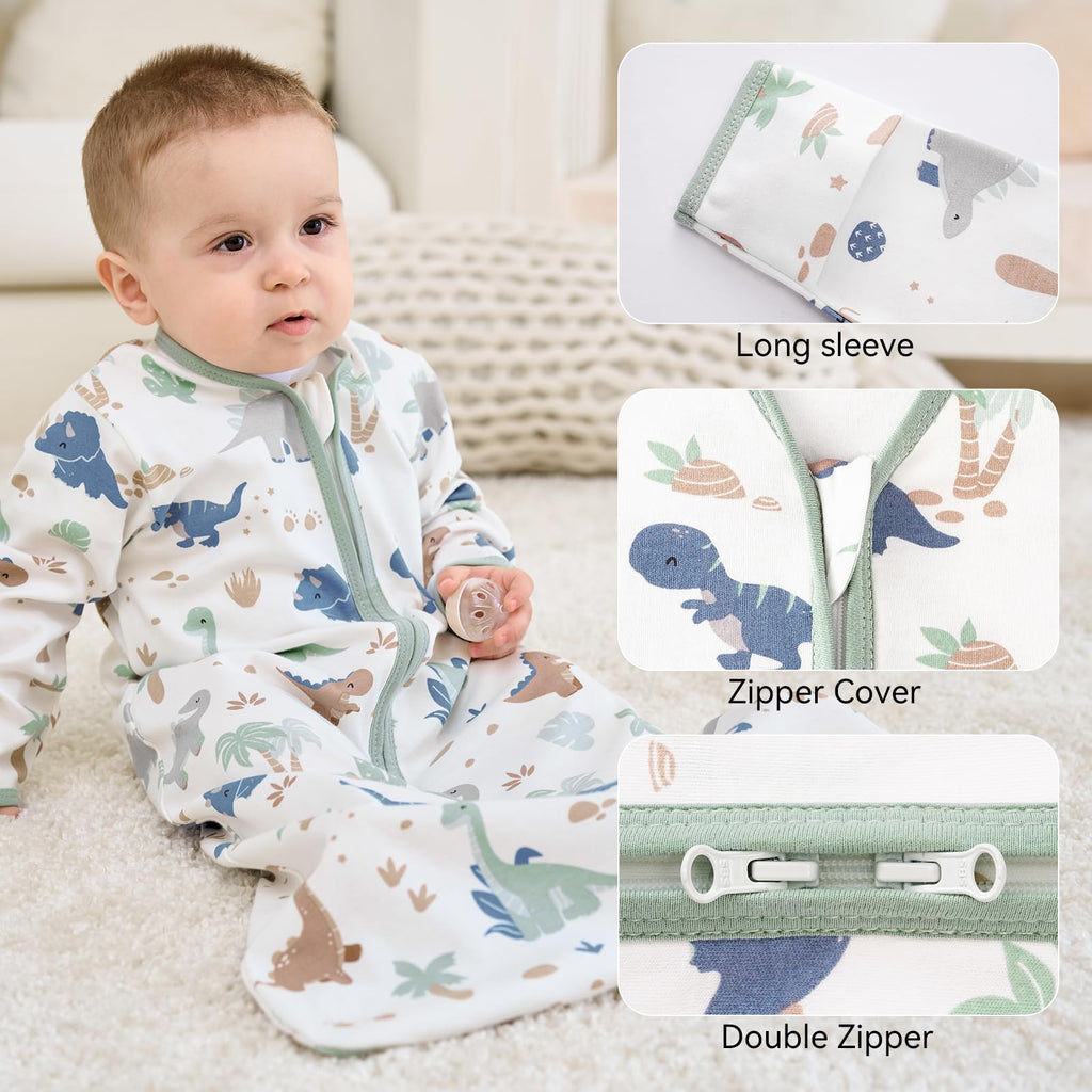 FIEMOL Baby Sleep Sack 6-12 Months, Long Sleeve Baby Wearable Blanket 0.5 Tog with Mittens, 2-Way Zipper Infant Cotton Sleeping Sack for Boy and Girl Green Dinosaur 2 Pack (Medium)