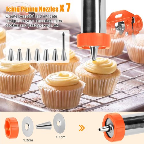 Churro Maker Machine, 3-in-1 Multifunctional Hollow Churros Machine, Churreras para Churros, Stainless Steel Churro/Cookie Making Kit with Piping Bag, 2 Brushes, 10 Discs and 7 Icing Piping Nozzles