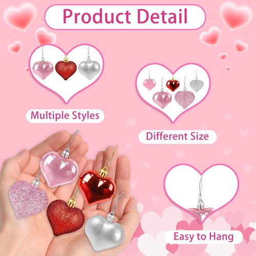 48PCS Heart Ornaments for Valentines Day Decorations, 2 Sizes Heart Shaped Ornaments for Christmas Valentine Tree, Red Pink Silver Glitter Hearts Hanging Decorations for Valentines Day Decor