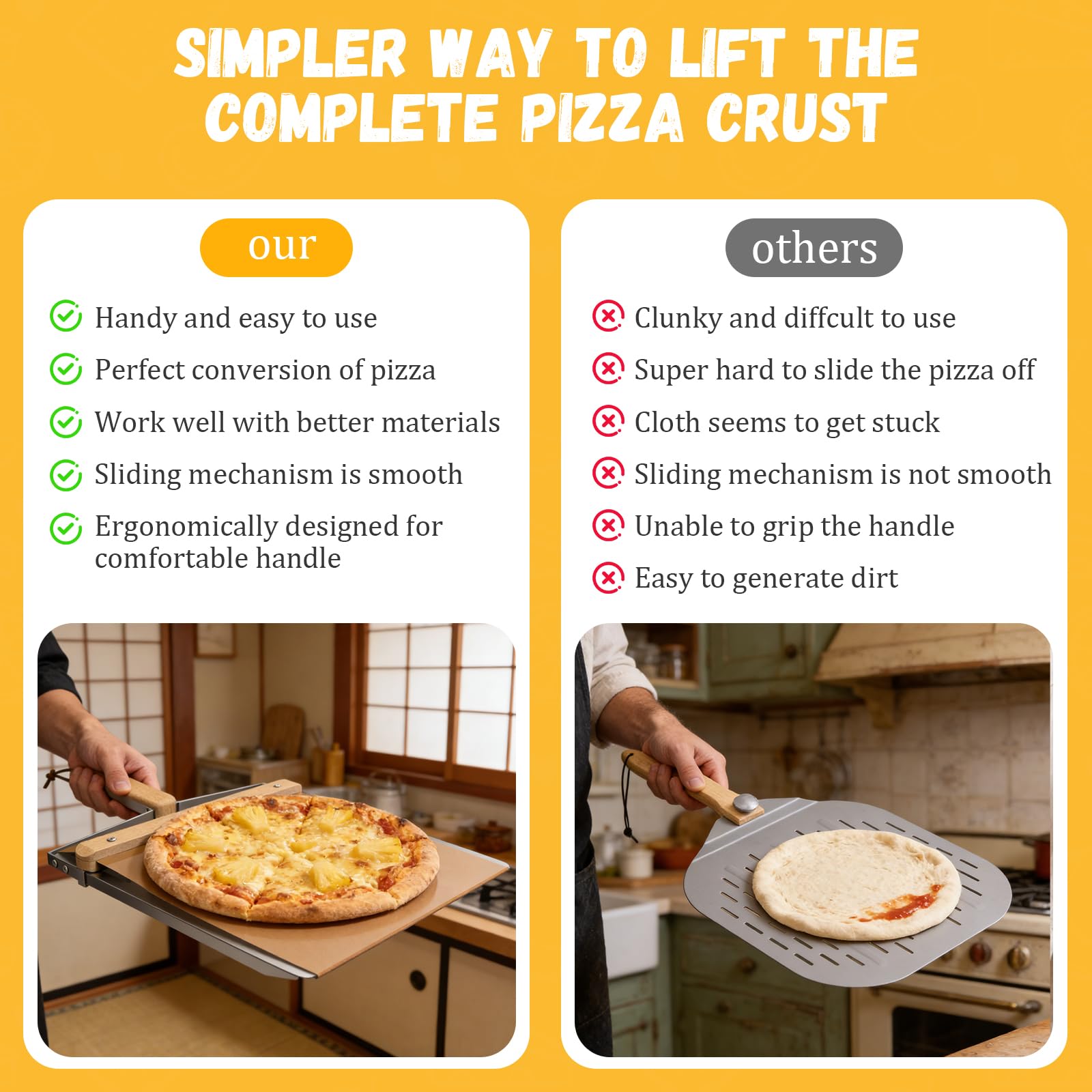 Sliding Pizza Peel, Pizza Slider Paddle with Pizza Cutter Rocker, Non-Stick Pizza Peel Slider with Handle Detachable Transfers pizza shovel, 12" Stainless Steel Sliding Pizza Peels with Baking cloth