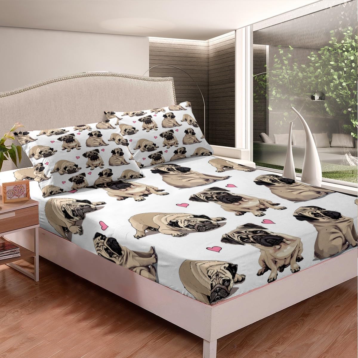 Cute Pug Dog Bed Sheet Set Cartoon Animal Fitted Sheet for Kids Children Teens Kawaii Pet Dog Bedding Set Hippie Pug Puppy Bed Cover No Flat Sheet Dog Lovers Bedroom Decor 3Pcs Queen Size