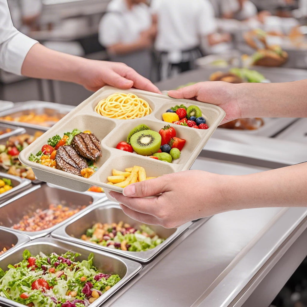 Hacaroa 50 Pack 5 Compartment Paper Plates Disposable, 11" x 8" Compostable Bagasse Plate School Lunch Trays, Biodegradable Divided Sugarcane Plates for Party, Picnic, Heavy Duty