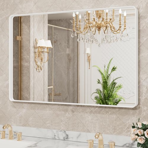 LOAAO Bathroom Mirror - 48x36 Inch White Metal Framed | Large Rounded Rectangle, Anti-Rust, Tempered Glass