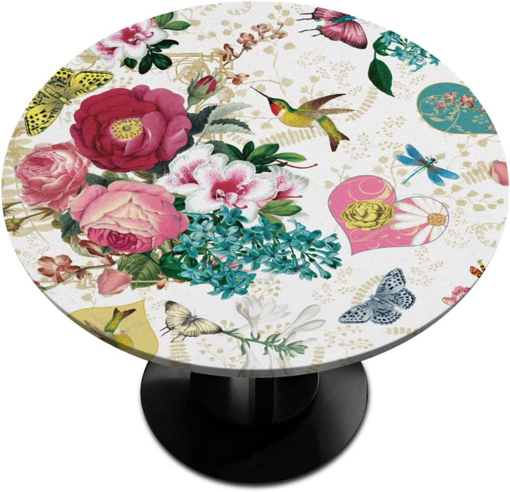 Skiennix Spring Flower Round Tablecloth - Retro Floral Hummingbird, Washable & Wipeable, Fits 45-50" Tables