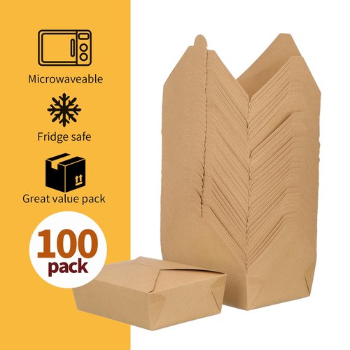 GHEIR 68 oz Take Out Food Containers 100 Pack, Disposable Kraft Paper To Go Containers Boxes, Microwaveable Leak and Grease Proof Take Out Boxes for Restaurant, Catering and Party