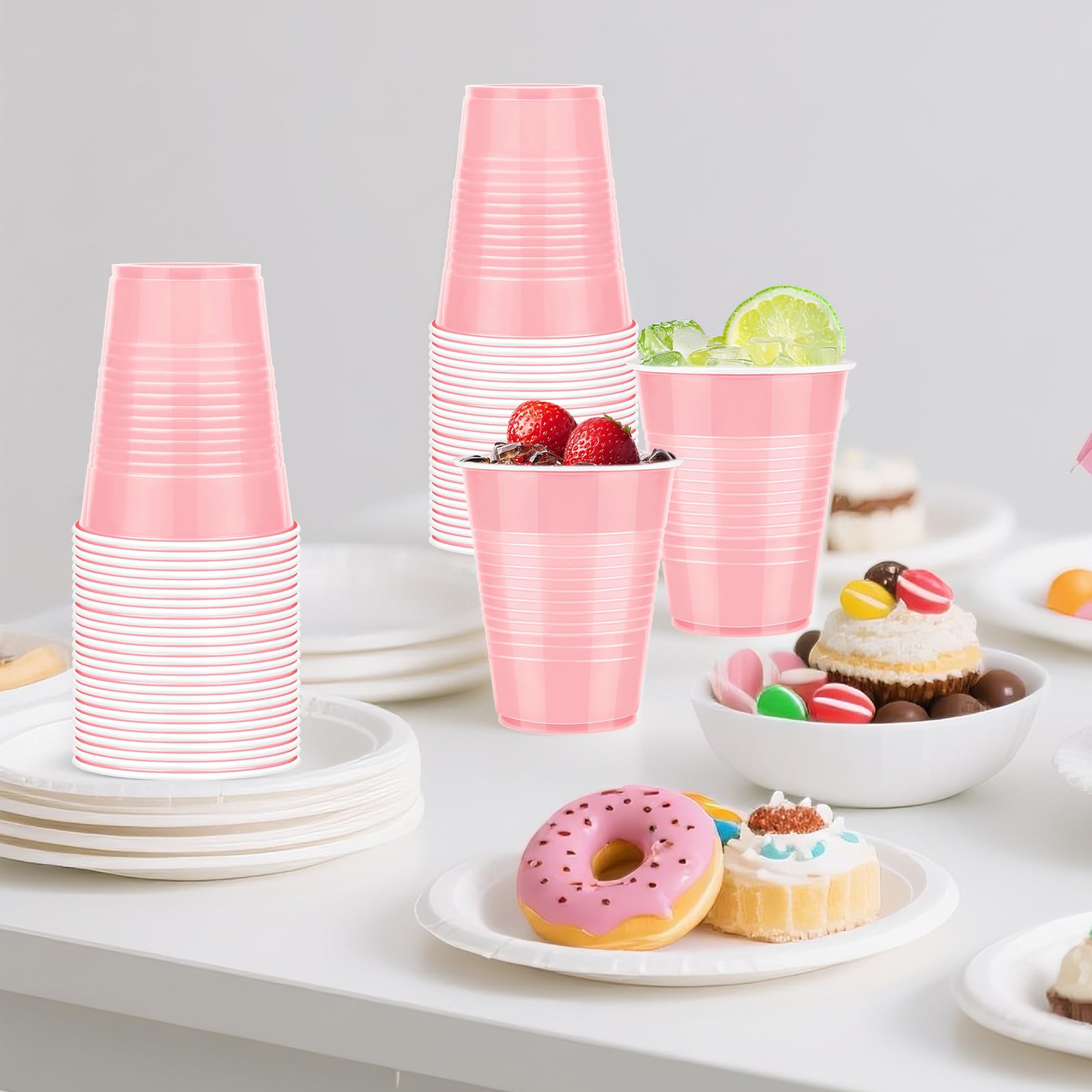 Liengoron 50 Pack Pink Plastic Cups 18 Ounce Pink Cups Plastic Disposable Cup Bulk Cup for Party Wedding Birthday