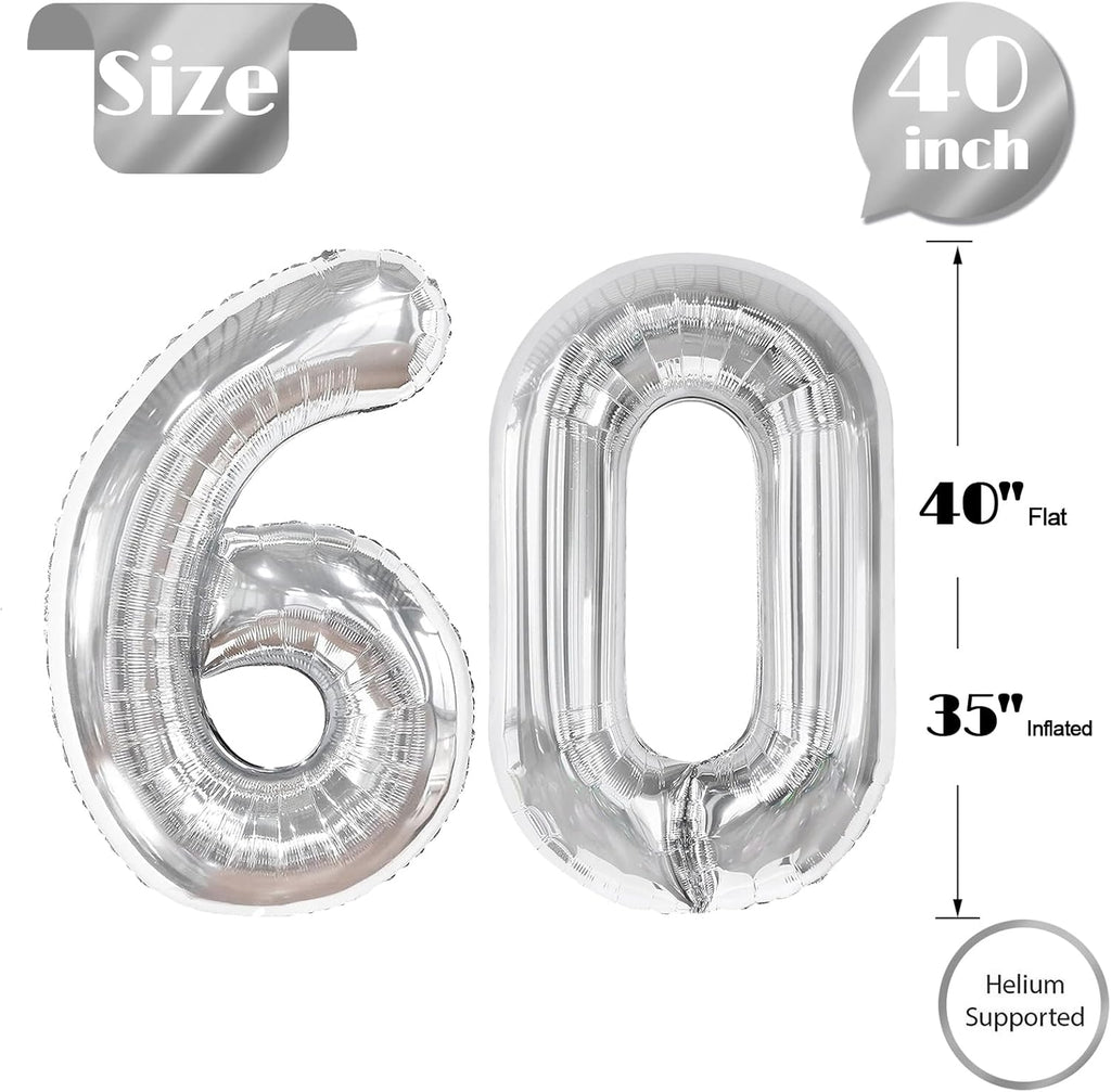 Silver Number 60 Balloon - 40 Inch Metallic 60th Birthday Decoration for Men & Women