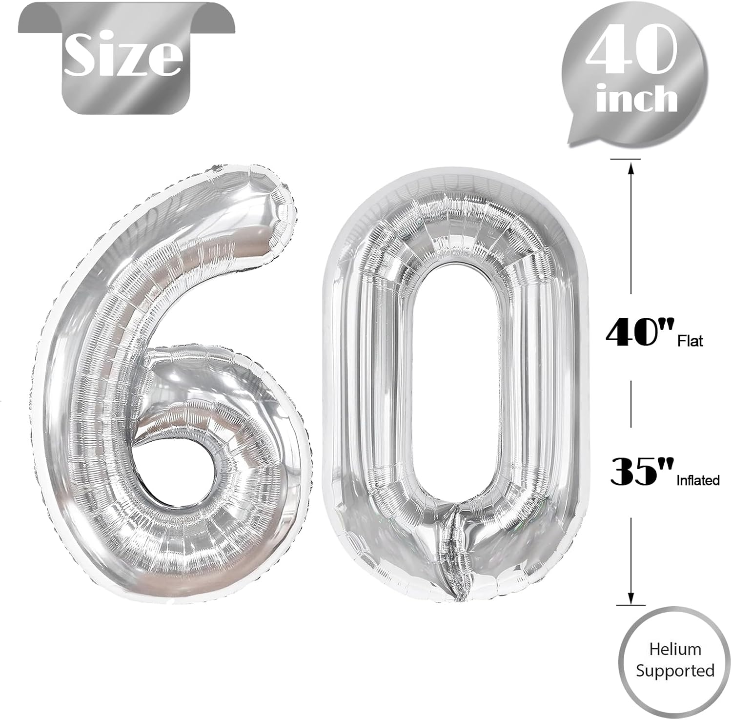 Silver Number 60 Balloon - 40 Inch Metallic 60th Birthday Decoration for Men & Women