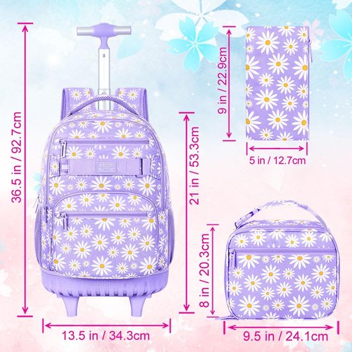 Girls Rolling Backpack, Women Roller Bookbag with Lunch Box for Adults, Water Resistant Wheeled School Bag for College Teens Kids Travel - Purple Flower
