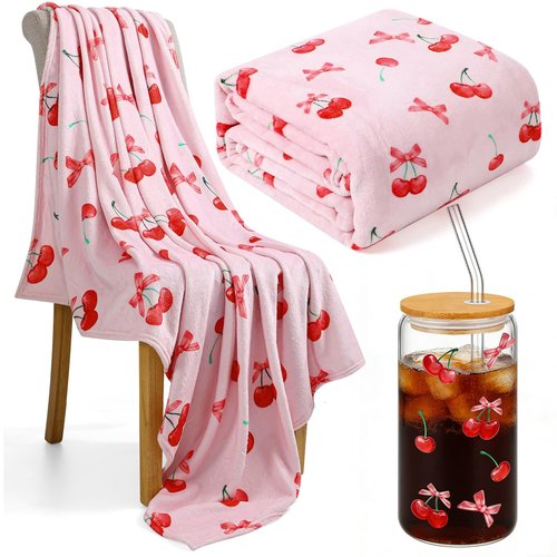 Yetene Pink Cherry Bow Party Favor Include Glass Cup and Blanket Set Pink and Red Cherry Stuff for Women Cute Birthday Gift for Women Sister Her Home Bedroom Sofa Decor Galentines Day Favors