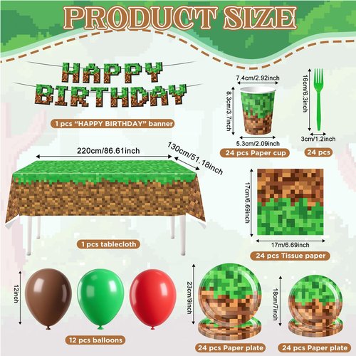 134Pcs Pixel Birthday Party Supplies for Birthday Decorations Serves 24 Guests