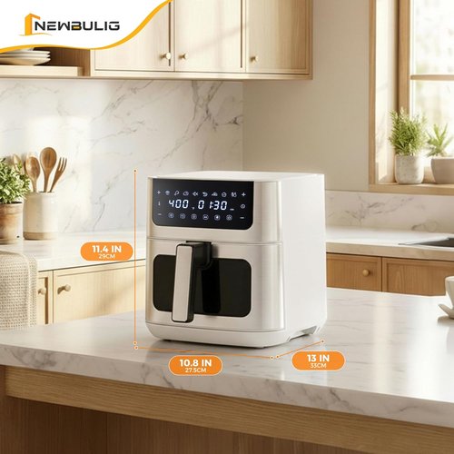 NEWBULIG Air Fryer - 6.34QT Capacity with Visible Window & Fast Heating - Stainless Steel, White
