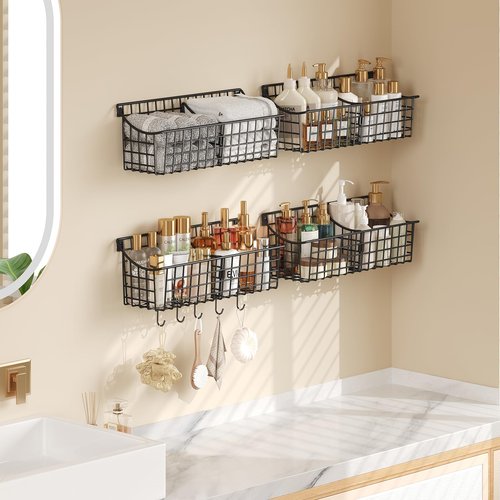 4 Pack EXTRA LARGE Hanging Wall Mount Storage Baskets With Divider, Metal Wire Basket With 4 Strong Adhesive Hooks +5 S Hooks,Organizing Wall Shelf for Home Kitchen Bathroom Pantry Garage RV, Black