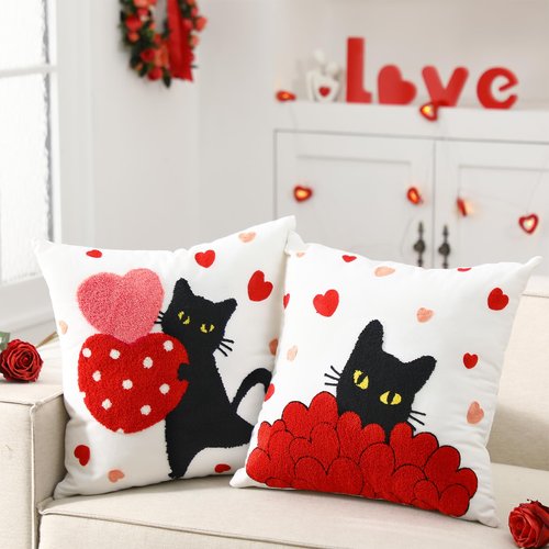 Mindsoft 2 Pcs Valentines Day Pillow Covers 18 x 18 Inch Embroidery Cushion Covers Red Heart Throw Pillowcase Cute Black Cat Pillow Cover Valentine Home Decor for Chair Sofa Bedroom Living Room
