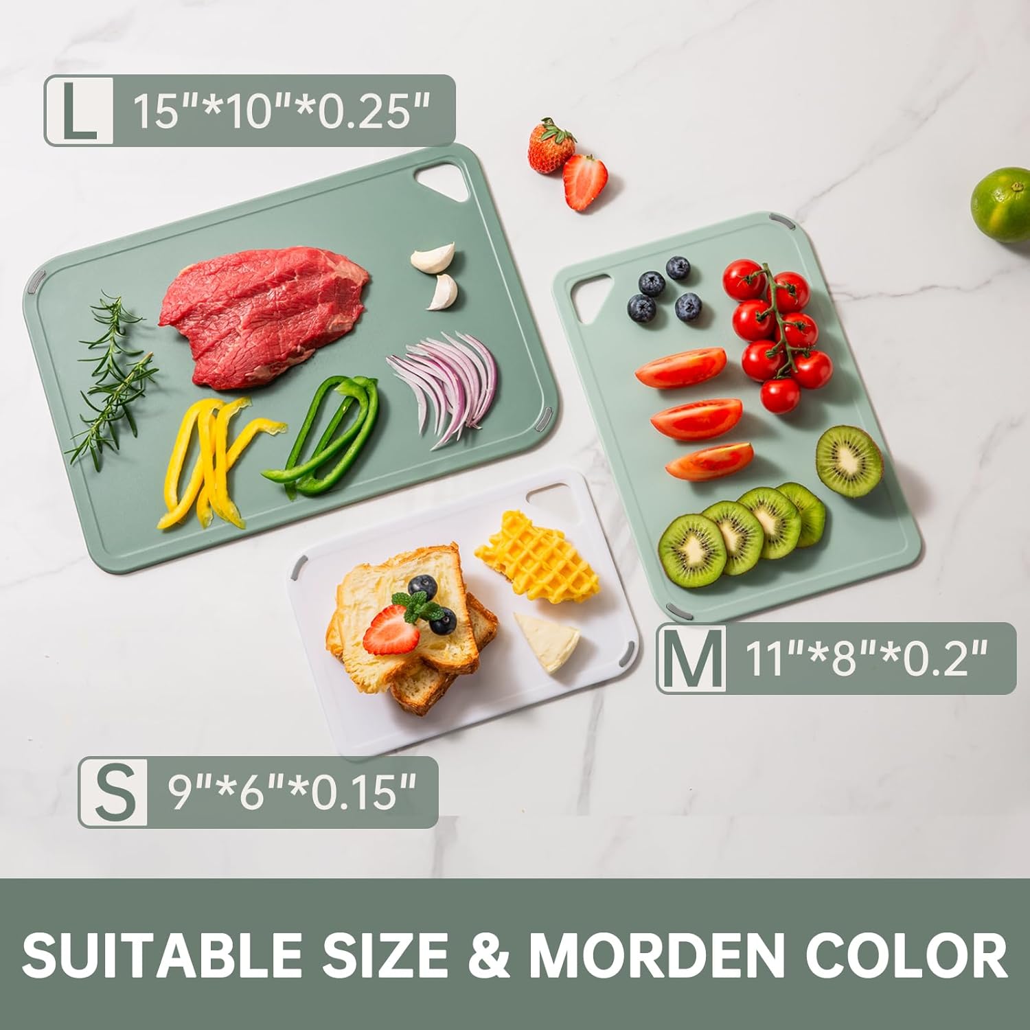 THETCHRY Plastic Cutting Board Set - BPA-Free Non-Slip Chopping Boards for Kitchen | 15"×10" Green
