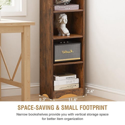 VECELO Space-Saving Tall Narrow Brown Bookshelf - 6 Adjustable Shelves, Elevated Moisture-Proof Base, Slim Storage Organizer for Small Apartments Dorms