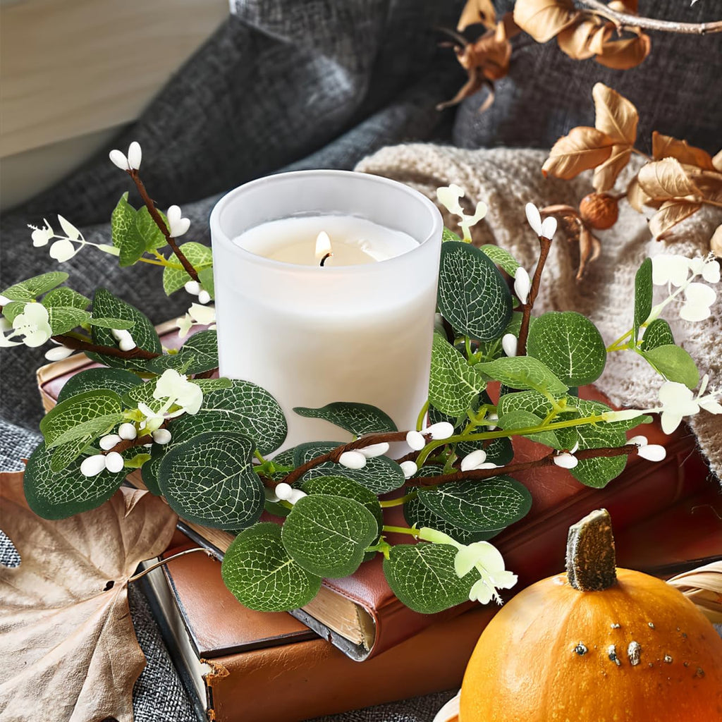 Zerodeko Easter Candle Ring Set - Eucalyptus Leaves Wreath Pillar Holders | 8cm Table Decor