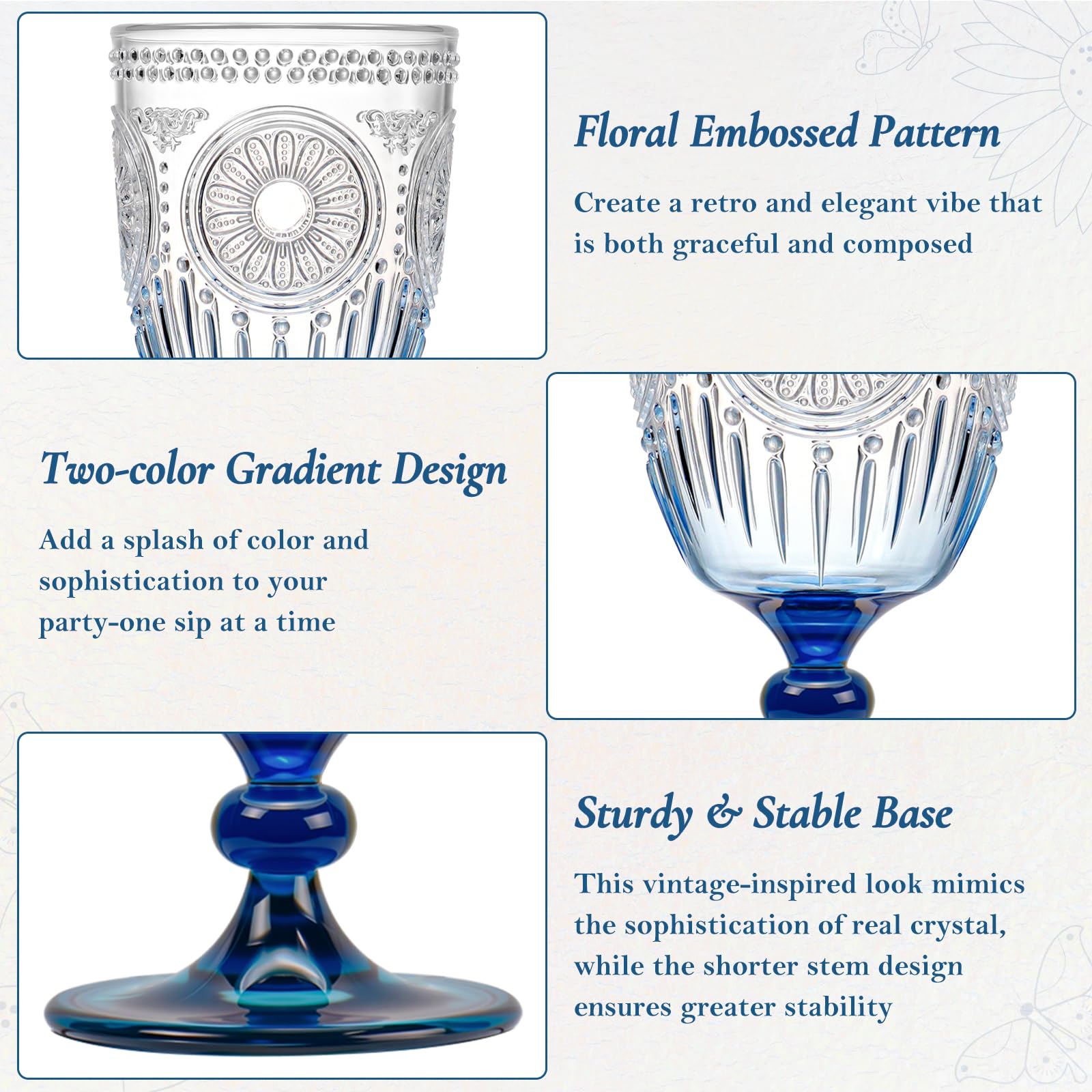 XUWAIDSGN 24Pcs Plastic Vintage Wine Glasses 13.5oz Reusable Embossed Goblet Glasses Blue Gradient Retro Wine Glassware Unbreakable Stemmed Champagne Water Cups for Wine Cocktail Juice Wedding