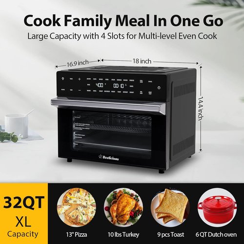 Beelicious 32QT Extra Large Air Fryer - 19-in-1 Toaster Oven Combo with Rotisserie & Dehydrator | Black, 1800W