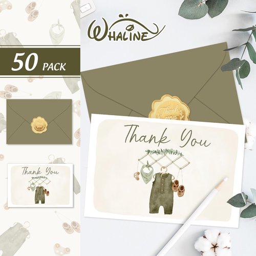 Whaline 50 Pack Baby Shower Thank You Cards Boxed Vintage Green Cloth Note Cards with Envelopes Stickers Greeting Blank Cards for Birthday Baby Shower