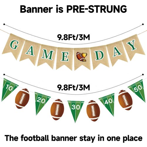 Football Burlap Banner Garland - NO DIY Game Day Banner Pre-Strung Football Birthday Banner Garland Triangle Flags Banners for Football Birthday Party Decorations Indoor and Outdoor