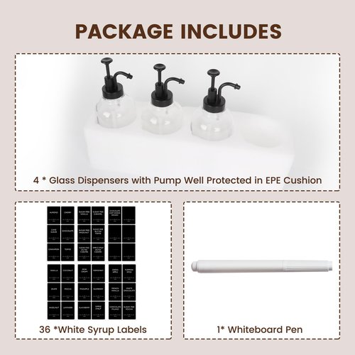 16.9oz Coffee Syrup Dispenser 4Pack- Glass Syrup Dispenser Kit for Coffee Bar Accessories for Home Coffee Bar/Premium Labeled Barista Kit, Matte Black