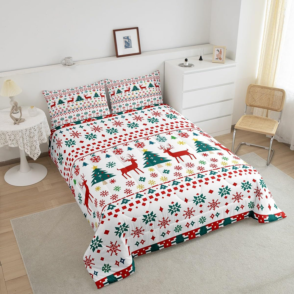 Reindeer Snowflake Comforter Set King Size,Abstract Christmas Tree Duvet Insert for Kids Boys Girls Room Decor,Bohemian Geometric Pattern Bedding Set 3Pcs,Merry Christmas Quilt Set,2 Pillowcases